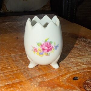 White Ceramic Egg-Shaped Vase with Pink Floral Motif